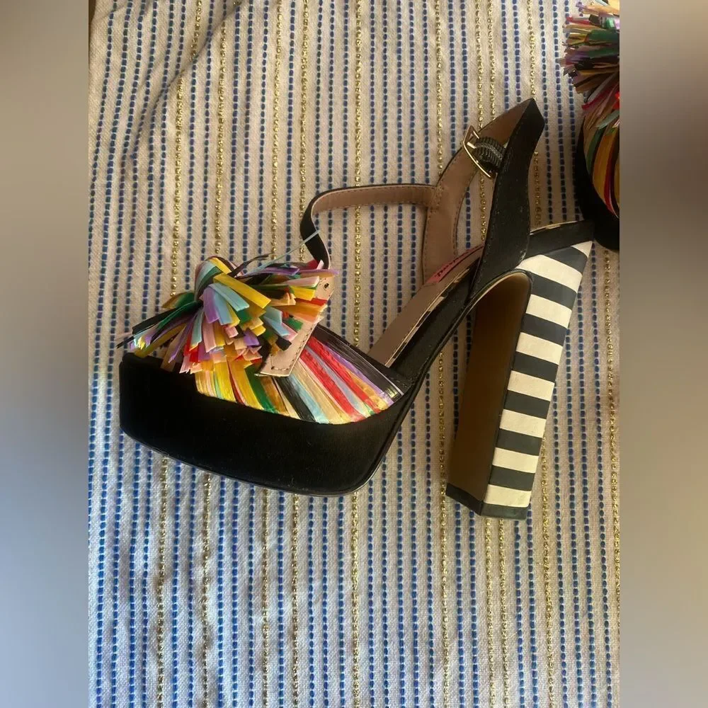 BETSEY JOHNSON 1970s Style Striped Pom Pom Platform Heels size 5.5